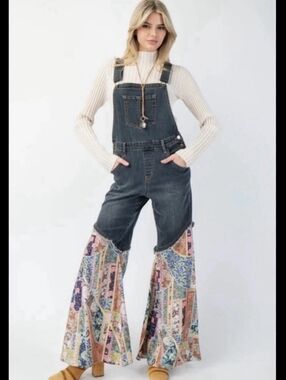 easel Dark Wash Denim Overalls with Multicolor Patchwork Flare. NWT Size Small